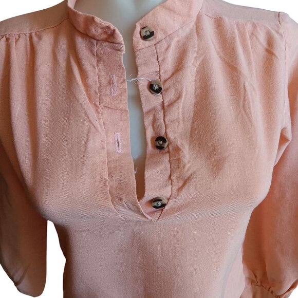 XS Vintage Peach Peasant Blouse Top Mandarin Collar Gathered Cuffs 1970s Boho - Picture 2 of 6